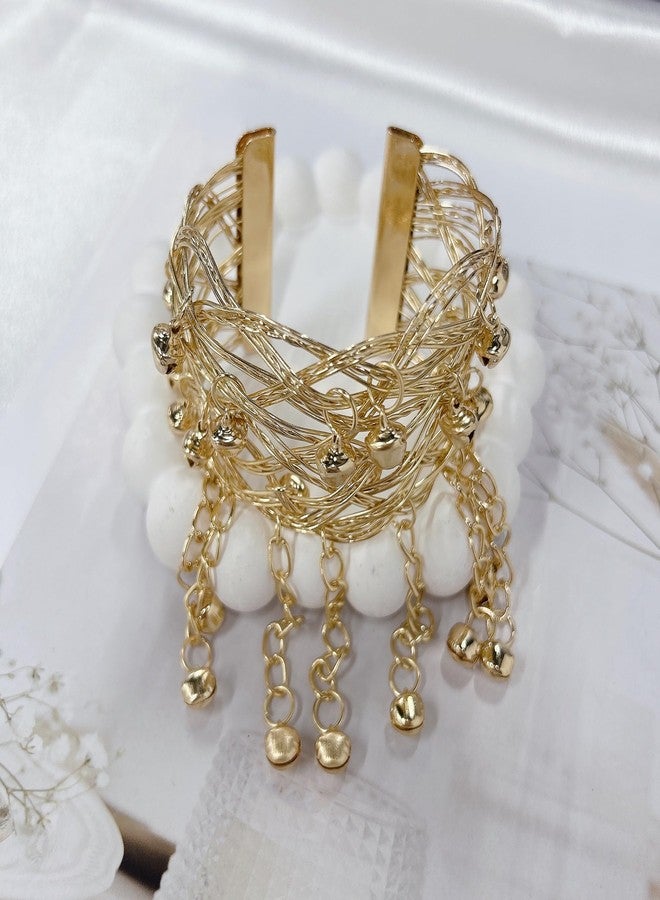 Cykdohy Boho Jingle Bell Tassel Chain Upper Arm Bracelet for Women Statement Bohemian Gold Multilayer Jingling Charm Open Cuff Bangle Bracelets Wide Band Armlet Armband Summer Beach Belly Dance Accessories - Image 5